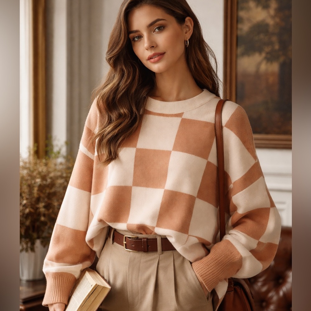 Checkered Academia Apricot Sweater M Preppy Batwing Side Slit
